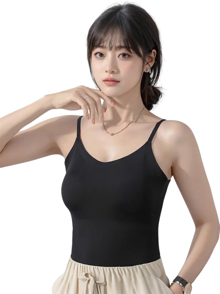 【送料無料】[Ekieta] キャミソール カップ付き レディース Vネック インナータンクトップス★見えない★シームレス【脇高設計・脇下隠し・伸縮性・肩紐調節可・ 吸汗速乾・抗菌防臭】下着夏秋 色：ブラック、サイズ：M