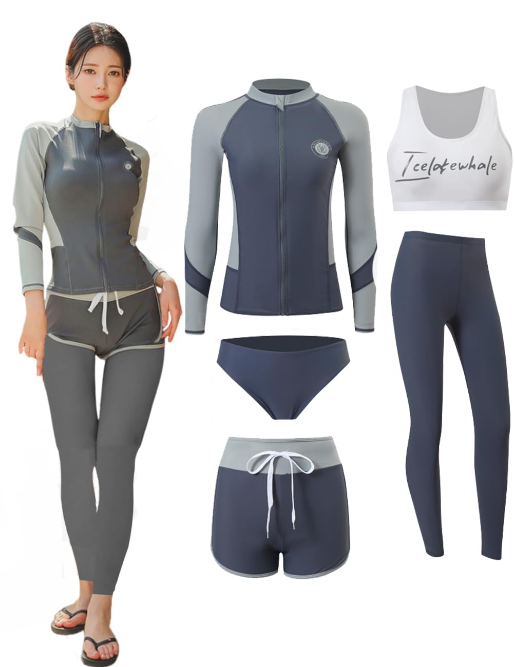 【送料無料】[AILITI] レディース フィットネス用水着 上下5点セット ビキニ 長袖ラッシュガード パーカー UVカット レギンス パンツ ブラ 女性水着 水陸両用 色：グレー、サイズ：XL