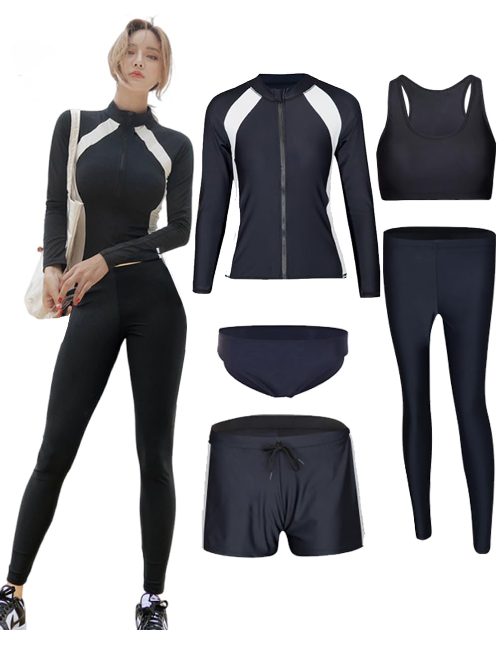 【送料無料】[AILITI] レディース フィットネス用水着 上下5点セット ビキニ 長袖ラッシュガード パーカー UVカット レギンス パンツ ブラ 女性水着 水陸両用 色：5点セット23、サイズ：XL