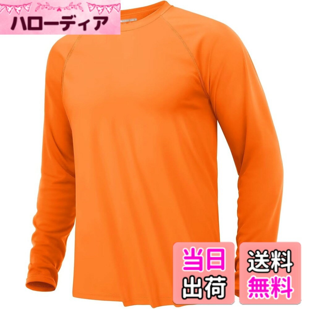 【送料無料】[KEFITEVD] ラッシュガード メンズ 長袖 tシャツ 速乾 スポーツtシャツ 薄手 UVカット UPF50+ トレーニングウェア 大きいサイズ ランニング サイクリングウェア サーフィン 夏服 色：オレンジ、サイズ：L