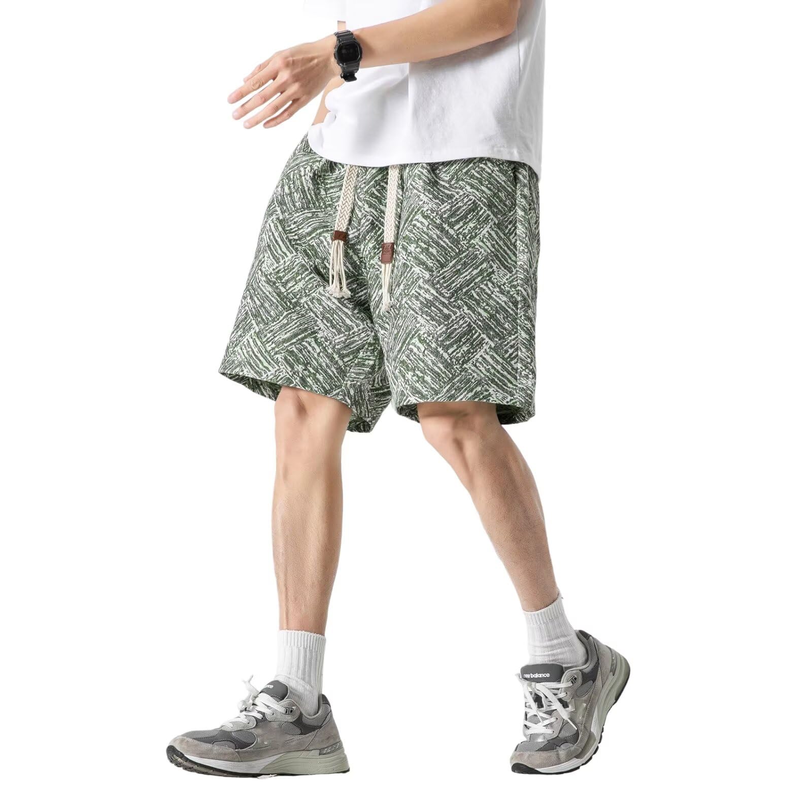 【送料無料】[ORBU] ショートパンツ メンズ 夏服 花柄 ジャカード織り 短パン ビーチパンツ ゆったり カジュアル 五分丈 大きいサイズ 速乾 通気 綿混紡 おしゃれ スポーツ アウトドア 旅行 海パン 部屋着 色：パロットグリーン、サイズ：2XL