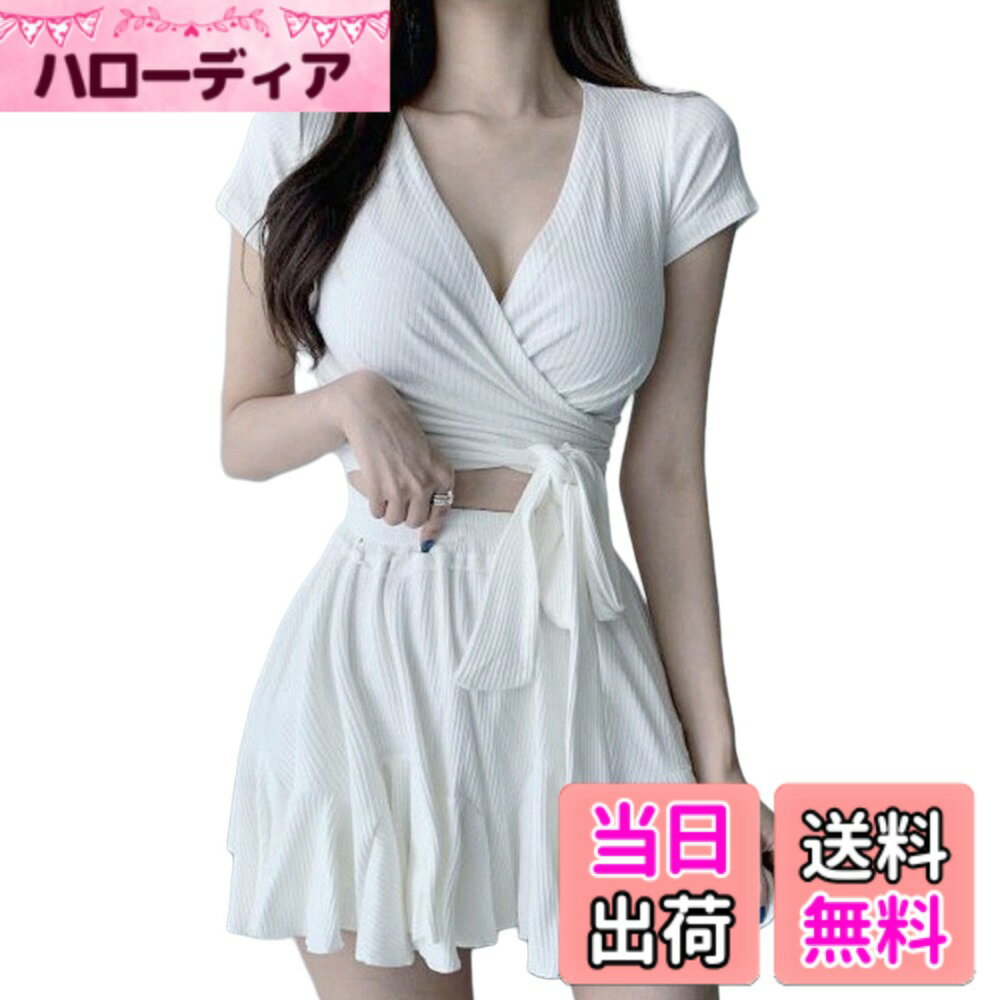 【送料無料】[MiniAya] 水着 レディース ビキニ 体型カバー タンキニ 2点セット Vネック フリル かわいい 女性 セパレート パッド付き ショートパンツ 半袖 スカート おしゃれ 水陸両用 温泉ビーチウェア 海 プール リゾート 色：ホワイト、サイズ：L