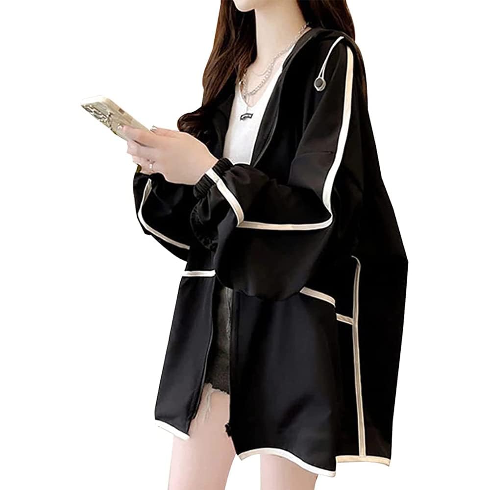 【送料無料】Moilyuko 日焼け止め服 レディース ラッシュガード ひんやりタッチ パーカー uvカット 紫外線対策 長袖 薄手 軽量 夏 通気性 速乾性 オーバーサイズ Mo103 色：ブラック、サイズ：L