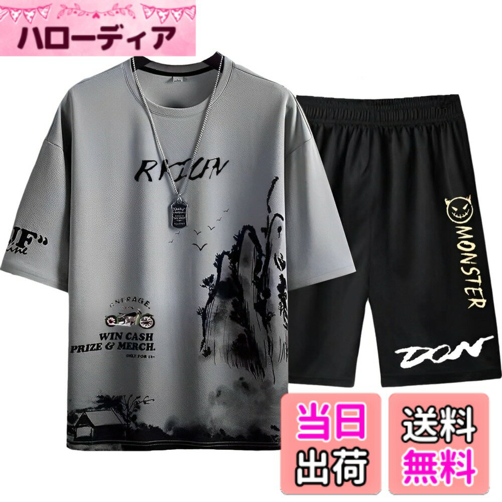 【送料無料】[aspersio] [アスペルシオ] ストリート 上下 セット 半袖 ハーフパンツ 通気性 オシャレ スポーツ ジャージ メンズ 色：スカイグレー、サイズ：XL