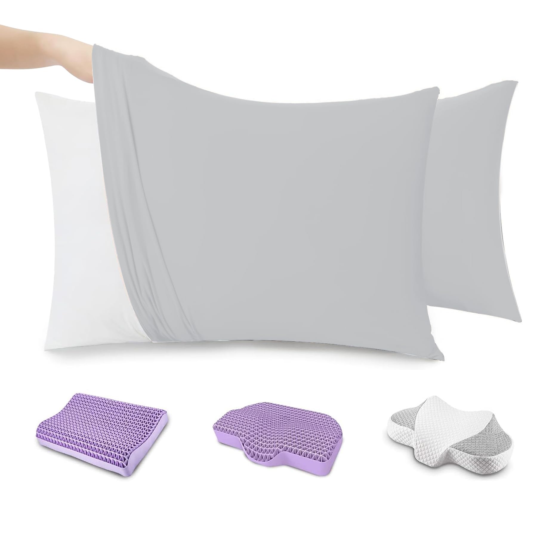 【送料無料】tkone 「様々な枕にピッタリフィット」 のびのび枕カバー 2枚組 43x63cm枕適用 封筒式 枕カバー オールシーズン ピローケース 3Dストレッチ Tシャツ素材 吸汗 速乾 伸縮 丸洗い 色：.ライトグレー、サイズ：43x63位の枕適用