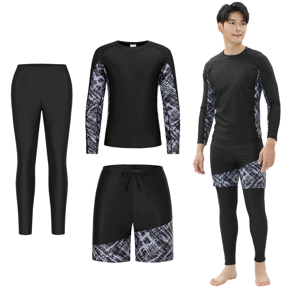 【送料無料】[Wotivon] 水着メンズ ラッシュガード 3点セット 長袖 レギンス サーフパンツ フィットネ..