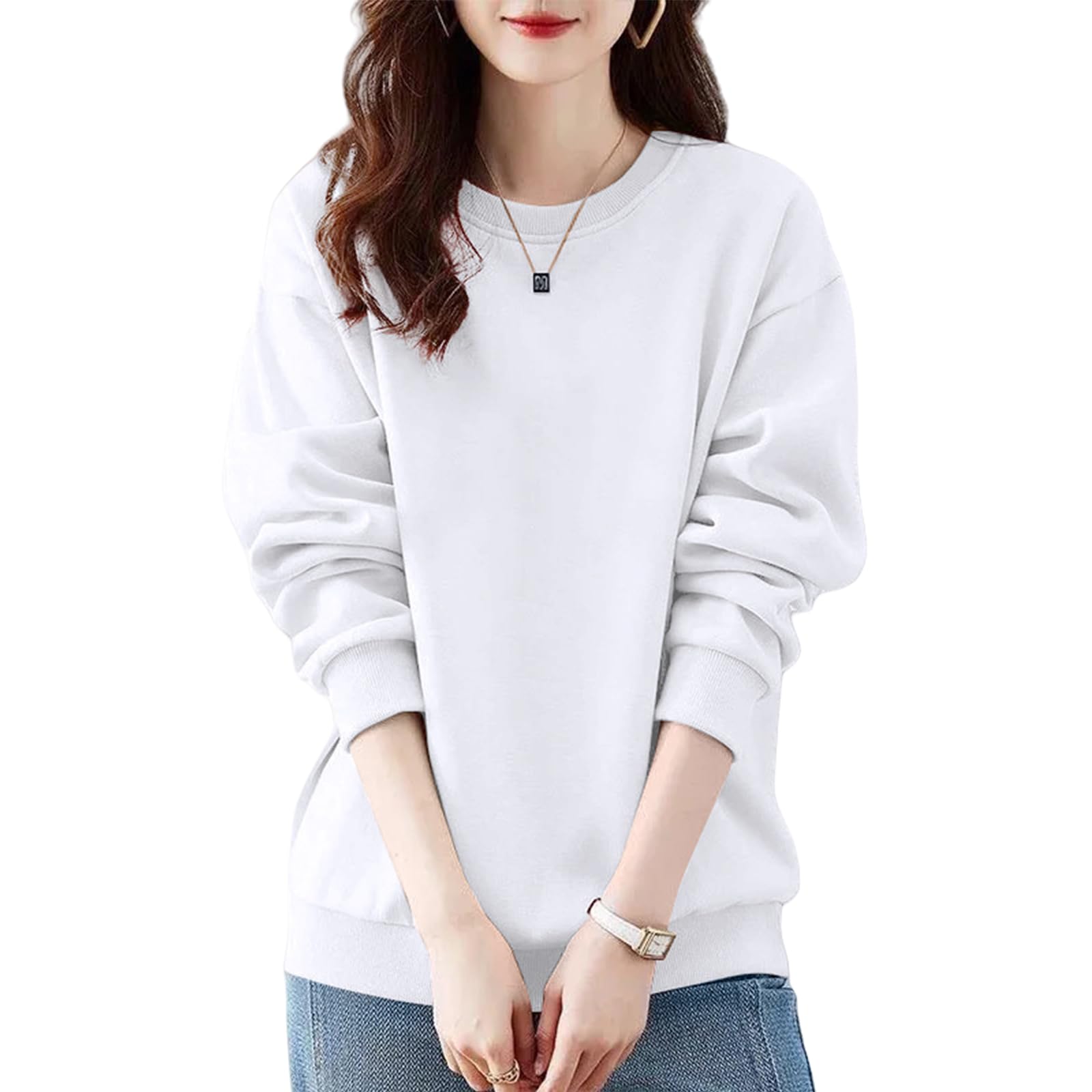 【送料無料】[MEME XTRA] ベーシックトレーナー レディース 春秋 薄手 綿 クルーネック 長袖 スウェット トップス ゆったり カジュアル 体型カバー 大人可愛い おしゃれ 重ね着 シンプル 無地 学生 スポーツウェア ビッグシルエット ロングtシ 色：ホワイト、サイズ：XL