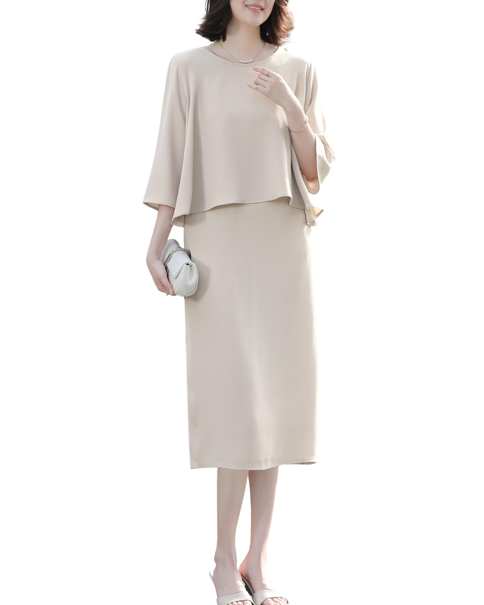 【送料無料】[Sueeya] スイーヤ ワンピース レディース 2点セット タンクワンピース シャツ フレア ボレロ 上着 七分袖 オフィス 2WAY 快適 おしゃれ フォーマル ゆったり ツートーン 通勤 入学式 色：カーキ、サイズ：XL