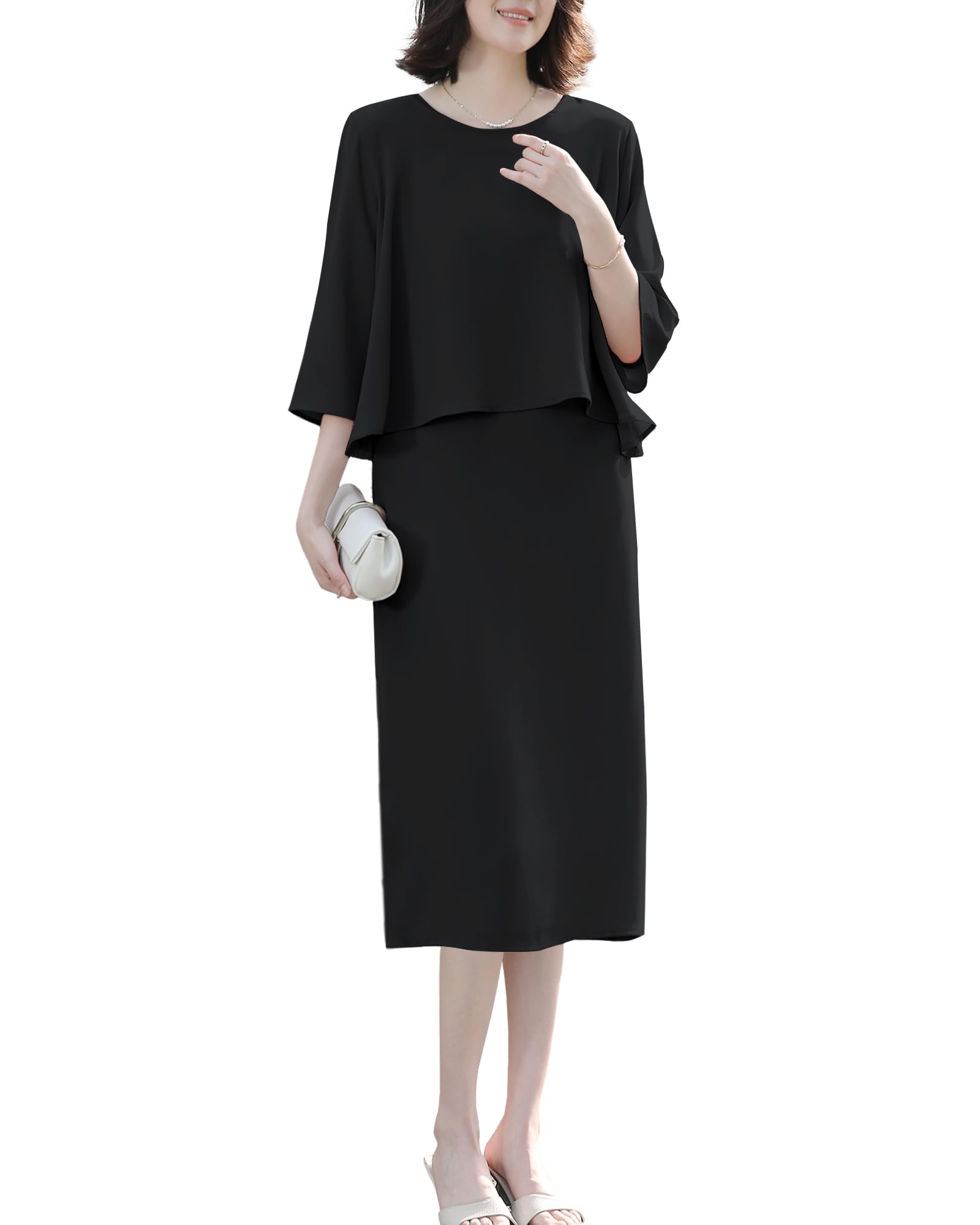 【送料無料】[Sueeya] スイーヤ ワンピース レディース 2点セット タンクワンピース シャツ フレア ボレロ 上着 七分袖 オフィス 2WAY 快適 おしゃれ フォーマル ゆったり ツートーン 通勤 入学式 色：ブラック、サイズ：M