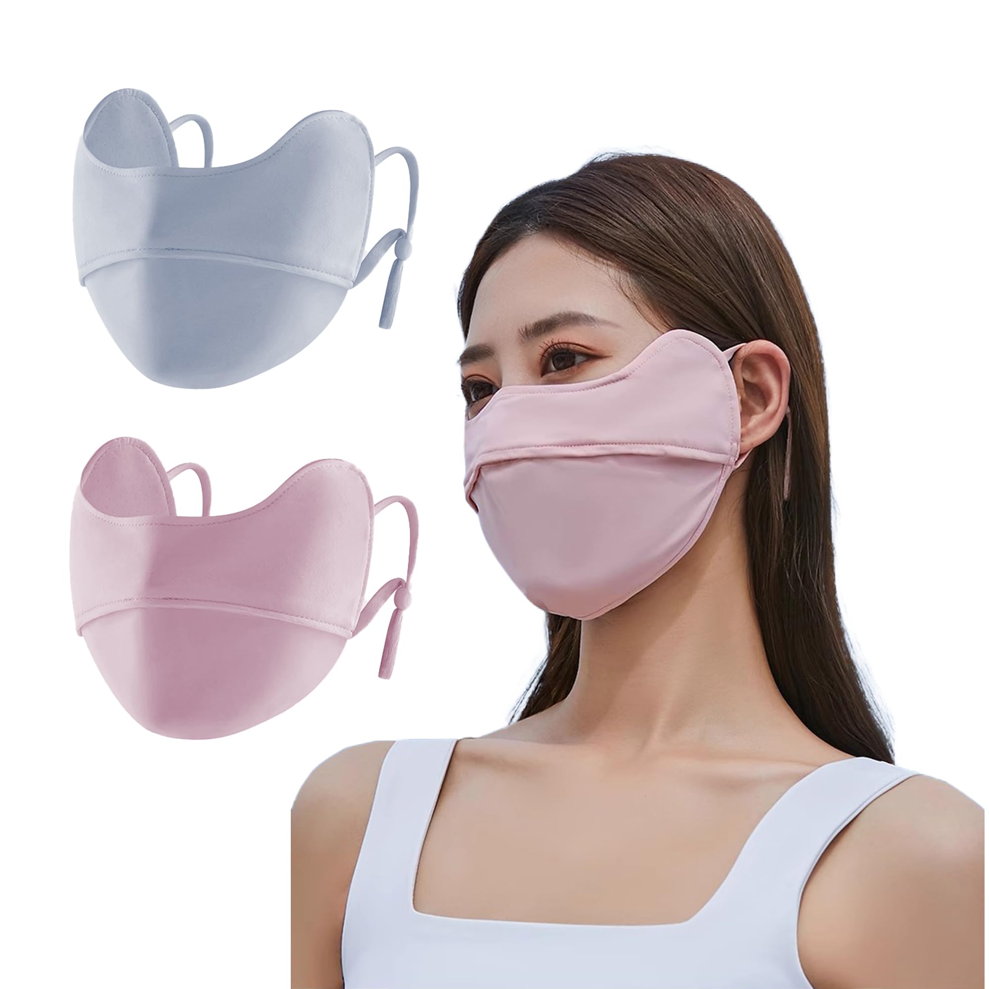 【送料無料】[YiyiLai] 2枚セット 薄手 軽量 UVカット フェイスカバー 日焼け防止 接触冷感 息苦しくない 速乾 男女兼用 紫外線対策 耳紐調節可能 カップル用 色：ベーシックタイプ ピンク+ブルー、サイズ：Free Size