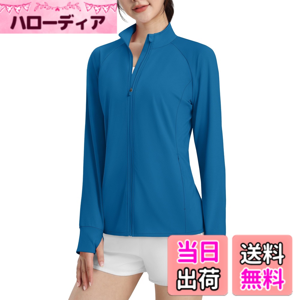【送料無料】[KEFITEVD] ラッシュガード レディース フードなし UPF50+ スポーツウェア 吸汗速乾 長袖tシャツ 指穴付き 立ち襟 ジップアップ 上着 登山 ゴルフ テニスウェア 色：ダークブルー、サイズ：2XL