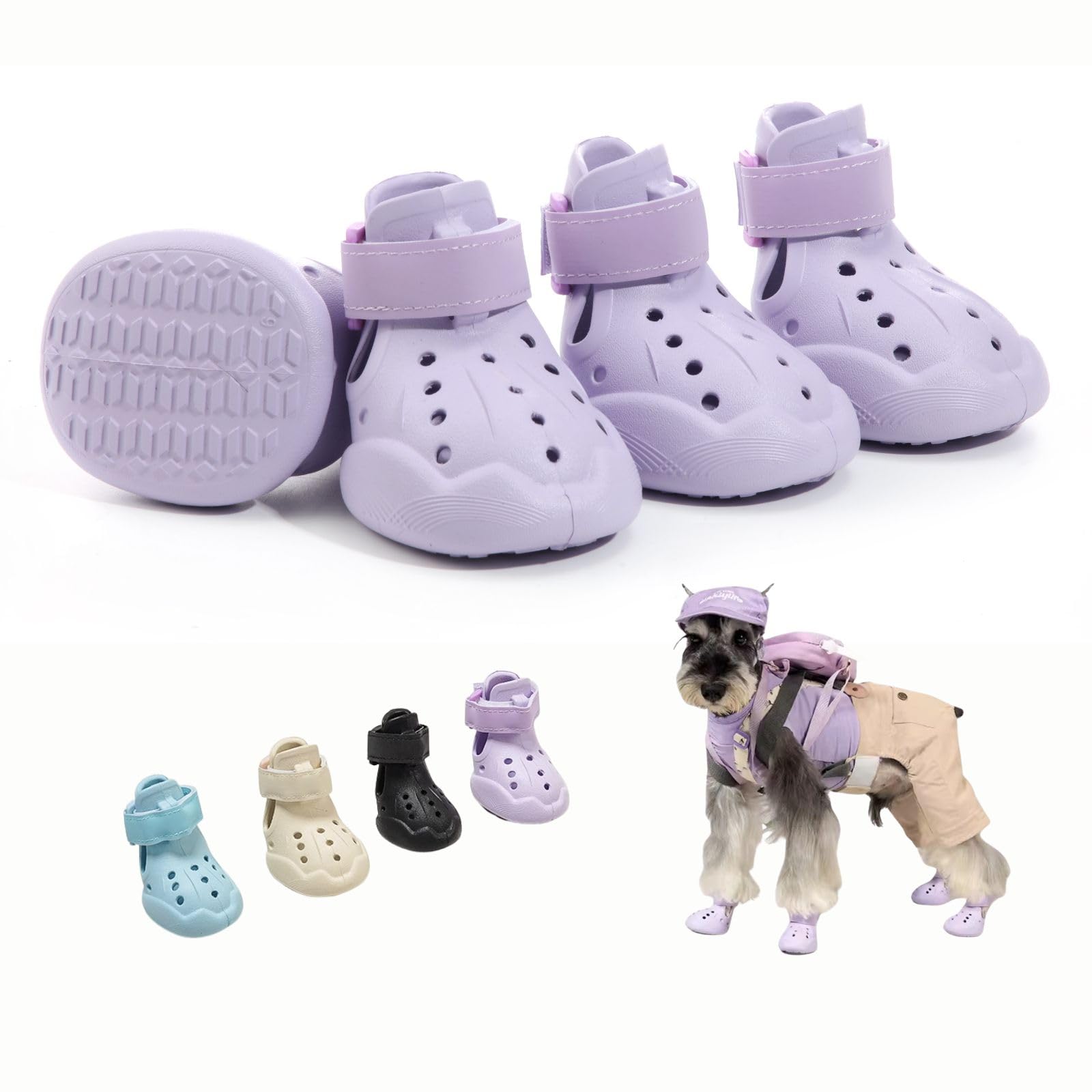 【送料無料】LIKOKLIN ドッグサンダル ブーツ 夏用の犬用サンダル 犬靴 ドッグシューズ 室内 犬用 靴 小型犬中型犬ブーツ 犬 シューズ ペット用 ブーツ 夜間反射テープ付き 肉球保護 履かせやすい 滑り止め 雨の日 通気性 マジック 色：すみれいろ、サイズ：2#(4個入り)