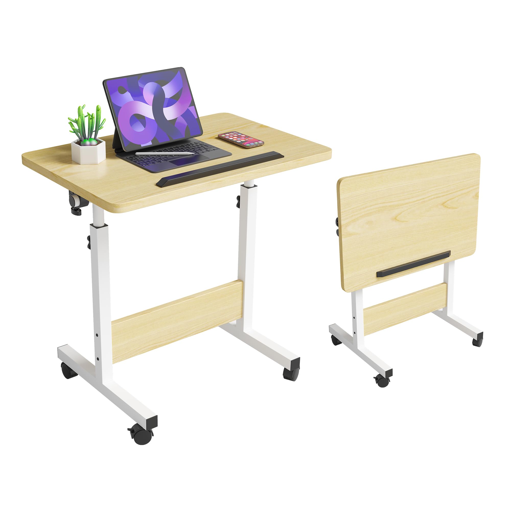 【送料無料】KUKERサイドテーブル キャスター付き 昇降式デスク 折りたたみデスク パソコンデスク ベッドサイドテーブル スタンディングデスク 色：ナチュラル、サイズ：幅60cmx奥行40cm