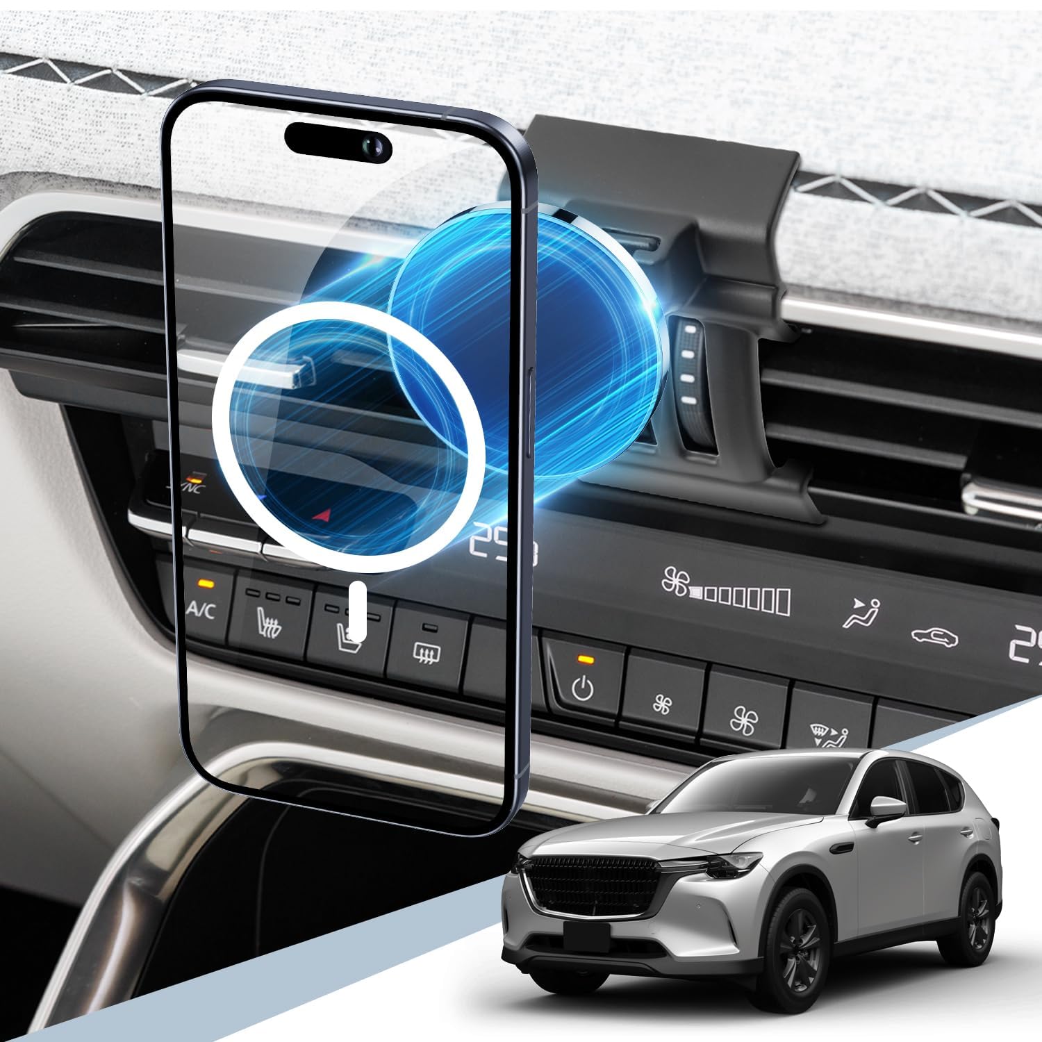 商品情報商品の説明主な仕様 【cx-60 cx-80スマホホルダー・ご愛車にピッタリ！】適応車種：マツダ CX-60 KH5P/KH3P/KH3R3P 2022.9~、マツダ CX-80 KL3P/KL3R3P/KL5S3P（ご注文前にご確認してください。）本製品は、携帯電話ケースなしでのご使用を推奨します。または、MagSafe対応ケースや磁気対応スマートフォンケースをご使用ください。*ご注意：通常のスマートフォンケースには対応しておりません。本製品はワイヤレス充電機能を搭載しておりません。【改良されたベース新登場・より快適な運転へ】今回新登場のcx-60専用ベースは、従来品から大幅に改良され、よりカスタマイズ性が向上しました。特に、従来の問題点であった「取り付け位置が低くてスマホ画面が見にくい」「根元に隙間があって不安定」といった課題を一括で解決。ベース下からボールヘッドを上に移動することで、スマホ画面をより上方に配置し、さらに快適で安全な運転が実現します。【自由な角度調整可能】このマツダcx60スマホホルダーは、直径17mmのボールヘッドにより、自由自在な角度調整が可能です。スマートフォンを固定した後、360度回転させることで、最適な視野角度に調整できます。横置きすればカーナビとして、縦置きすれば音楽を聴くことができます。用途に合わせて、自在に向きを変えることができます。360度回転ボールジョイントを採用しており、ドライバーの運転視野に最適な位置に調整できます。独自性のあるデザインで、運転中にスマホ操作が容易になります。自由度の高い角度調整ができるため、非常に便利な商品です。【強力磁力・片手操作】業界最高レベルのネオジム磁石を使用し、スマートフォンをしっかりと固定できます。運転中やブレーキ時、また道路振動があっても、スマートフォンの落下を心配する必要はありません。アルミ合金とソフトシリコンで丁寧に作られたホルダーは、酸化防止表面を持ち、耐久性がありながら光沢が美しい仕上がりとなっています。【MagSafe対応瞬間吸着】本体にスマホを置くだけでで取り付け可能。対応機種：Magsafe機能を搭載したのiPhone 15 /14/13/12シリーズ：iPhone 15、15Pro、15 Plus、15Pro Max、14、14 Pro、14 Plus、14 Pro Max、13 Pro max、13 Pro、13、13 Mini、12 Pro Max、12 Pro、12とMini、iPad pro11"12.9"とMagSafeケースや、磁気のあるスマホケースを直接に装着可能で、着脱の手間が省けて便利。*ご注意：本製品はメタルリングを付属しておりません。