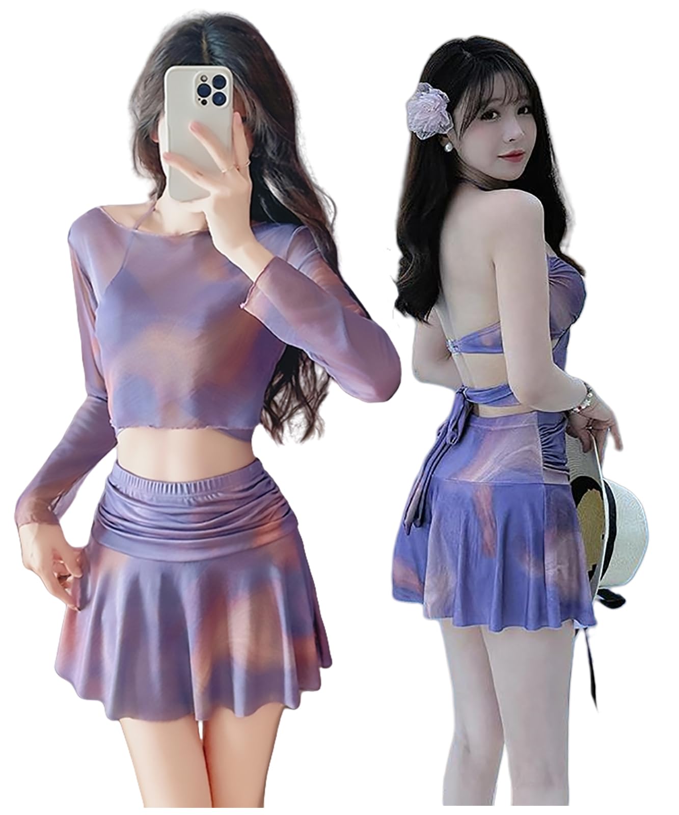 【送料無料】[OLATONG] 水着 レディース 体型カバー ビキニ 3点セット可愛い セパレート ラッシュガード UVカットワイヤ付き パット付き 美胸 ファッション スカート ハイウエスト ビーチウエア 女性 かわいい水着 温泉 海 プール 水陸 色：パープル、サイズ：Free Size