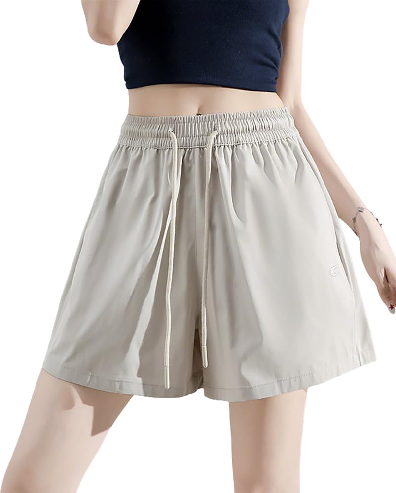 【送料無料】[Ekieta] ショートパンツ レディース 夏 ワークショーツ スポーツ 短パン【通気性 脚長効果・透け防止・快適ビッグポケット】 ゆったり 吸汗速乾 ハイウエスト 刺繍入り 立体裁断 無地 シンプル カジュアル 5分丈 色：ホワイトグレー、サイズ：S