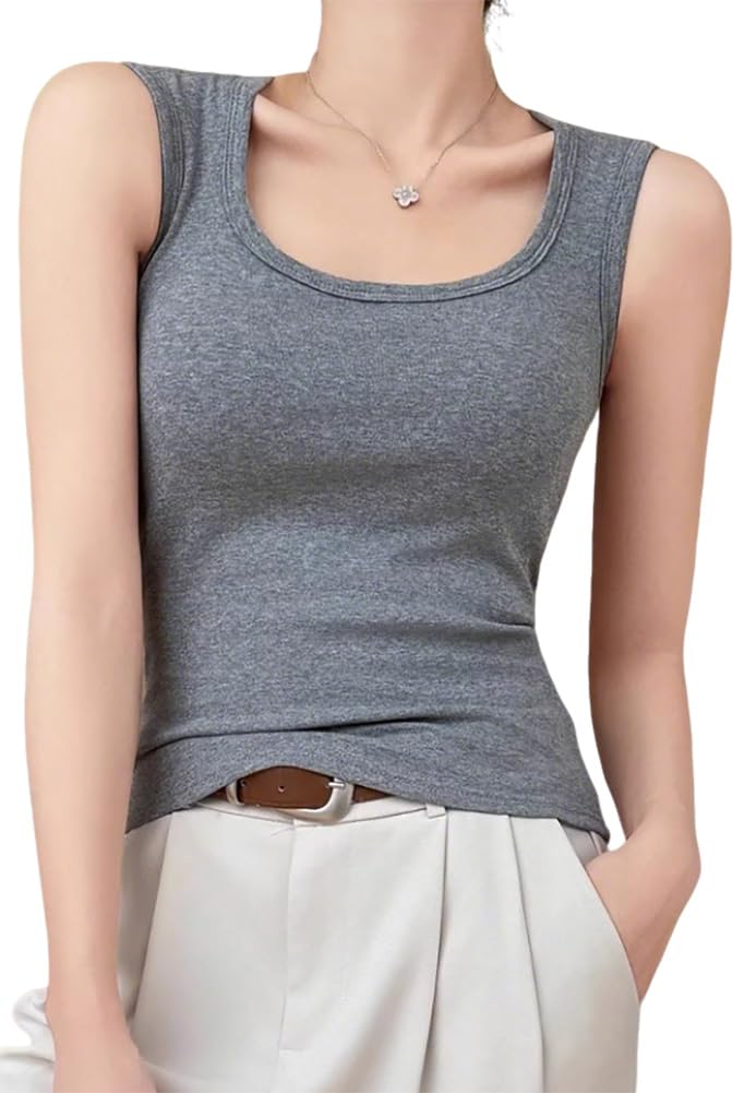 【送料無料】[Ekieta] 綿100% タンクトップ レディース キャミソール【ブラ紐隠しインナー・肩紐太め改善・脇高設計・チラ見え防止】uネックインナータンクトップス ノースリーブ Tシャツ通気 肌触り良い 快適 色：シンプルなグレー、サイズ：XL