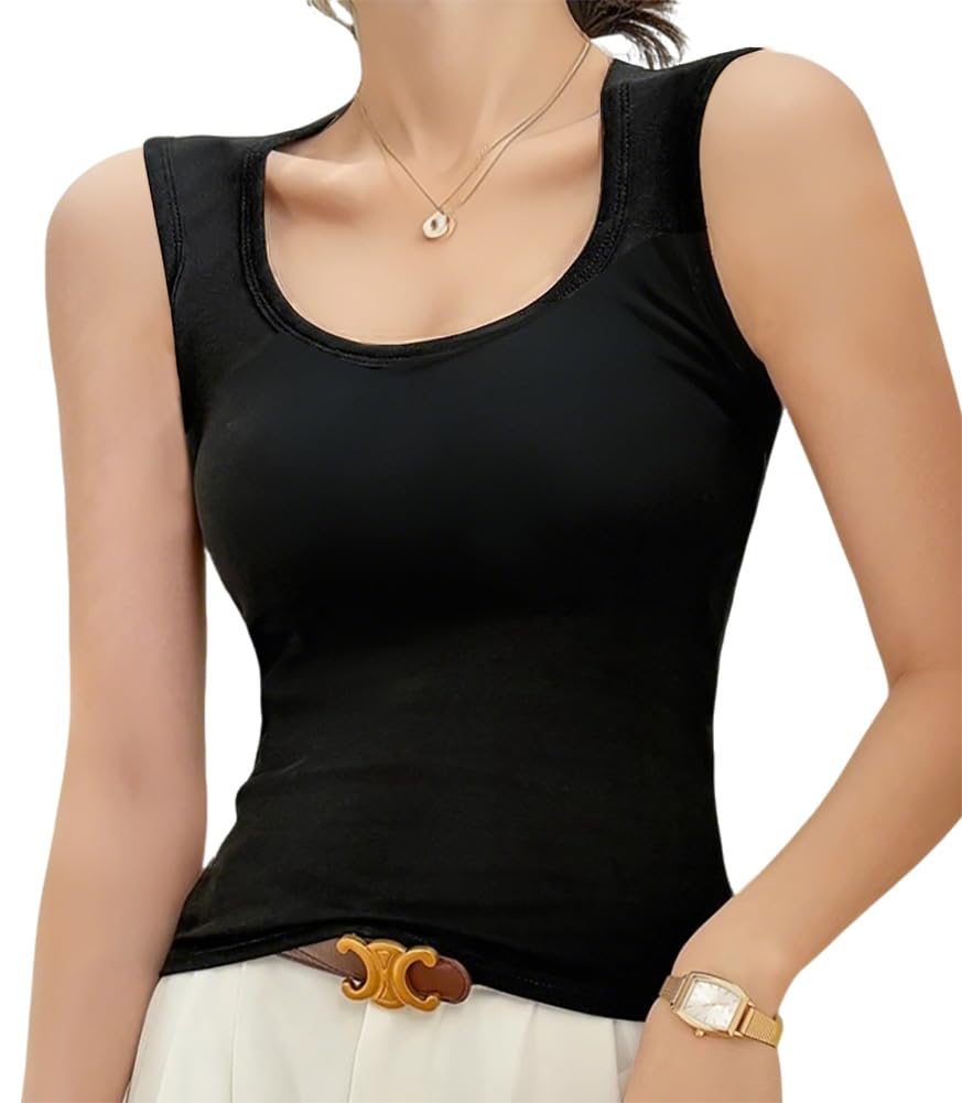 【送料無料】[Ekieta] 綿100% タンクトップ レディース キャミソール【ブラ紐隠しインナー・肩紐太め改善・脇高設計・チラ見え防止】uネックインナータンクトップス ノースリーブ Tシャツ通気 肌触り良い 快適 色：ブラック、サイズ：XL