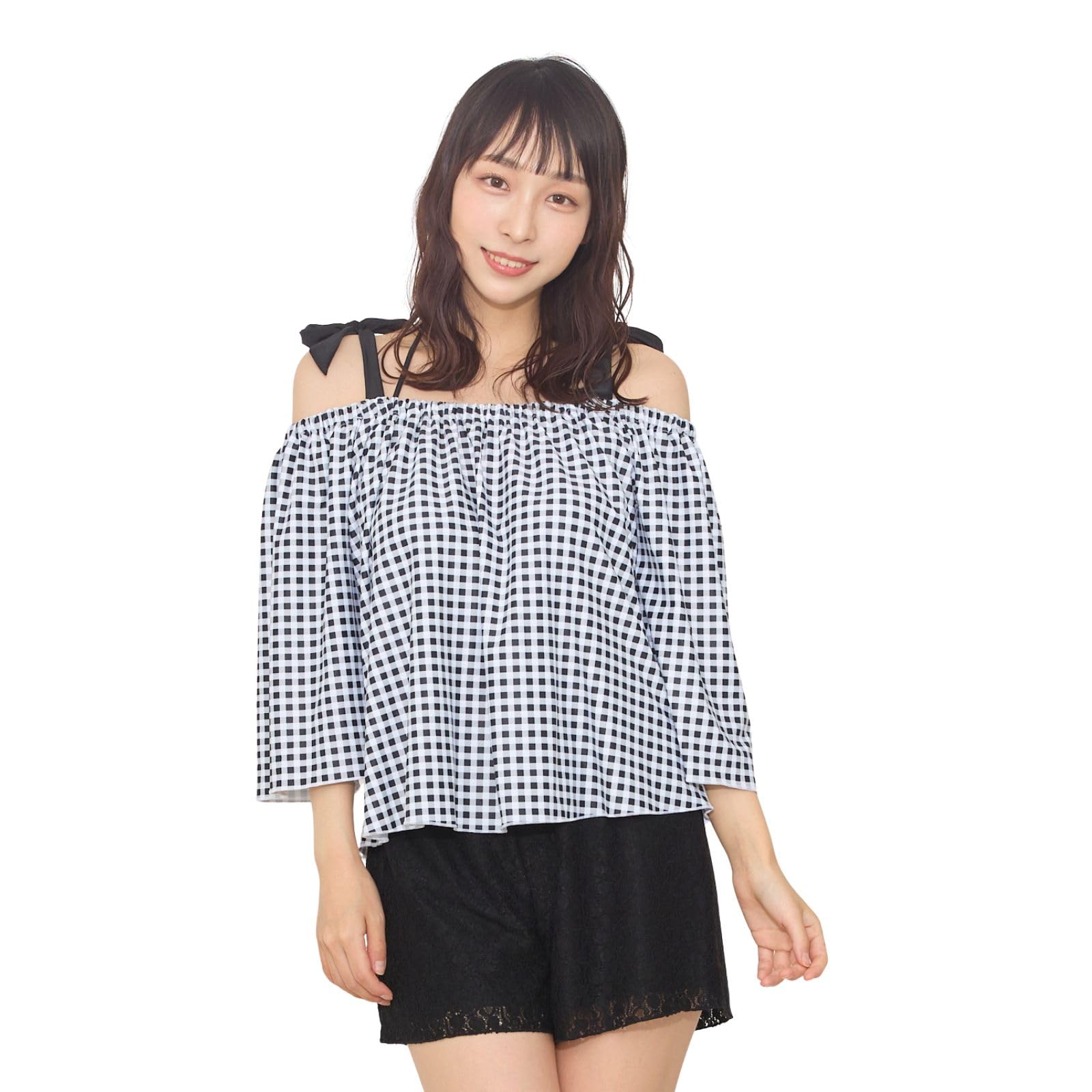 【送料無料】[Mie-Mie] 水着 レディース 体型カバー オフショルダー タンキニ ビキニ ワンピース 4点 セット 色：ギンガムxブラック、サイズ：L