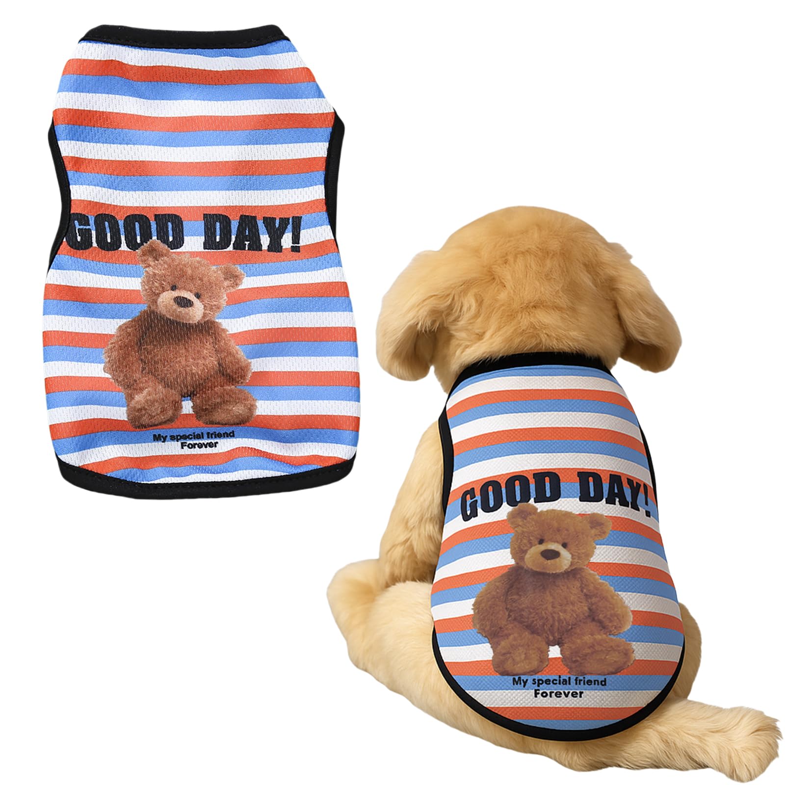 【送料無料】犬服 Tシャツ 春 夏 犬の服 可愛い おしゃれ くま柄 ペット 服 ベスト 猫服 薄手 通気性 ドッグウェア 小型犬 中型犬 家着 お出かけ お散歩 虫除け 脱毛保護 焼き防ぐ 色：ストライプ オレンジ ブルー、サイズ：S