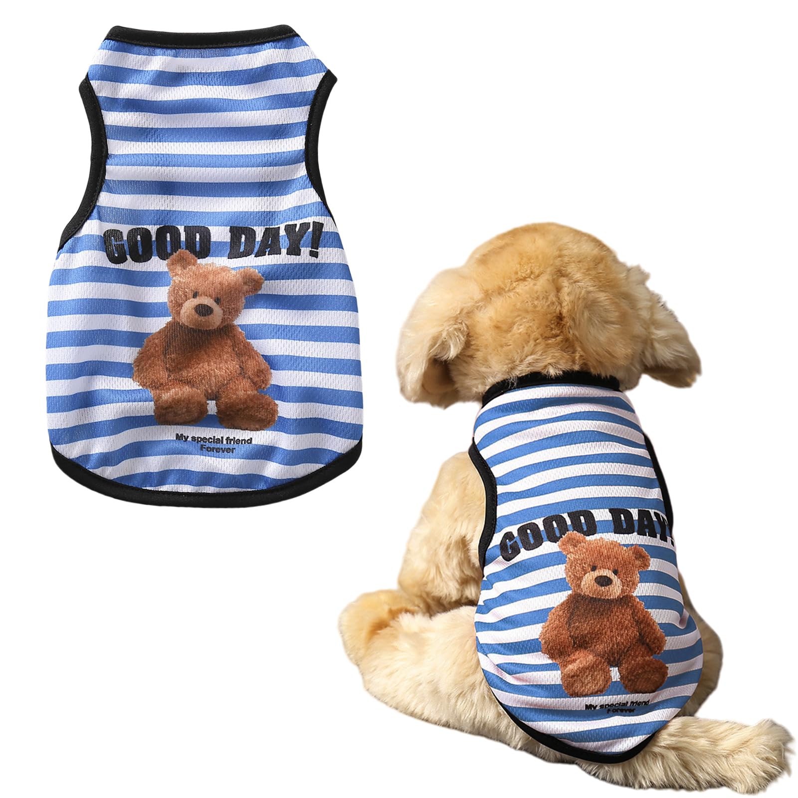 【送料無料】犬服 Tシャツ 春 夏 犬の服 可愛い おしゃれ くま柄 ペット 服 ベスト 猫服 薄手 通気性 ドッグウェア 小型犬 中型犬 家着 お出かけ お散歩 虫除け 脱毛保護 焼き防ぐ 色：ストライプ ブルー、サイズ：M