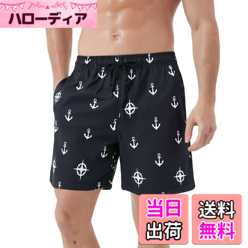 【送料無料】[SUNDAY ROSE] 水着 メンズ サーフパンツ 海水パンツ ボードショーツ スイムウェア 水陸両用 速乾 ビーチパンツ 男性用 プール 大きいサイズ 速乾 ショートパンツ 部屋着 夏 色：ボートアンカ（黒）、サイズ：M