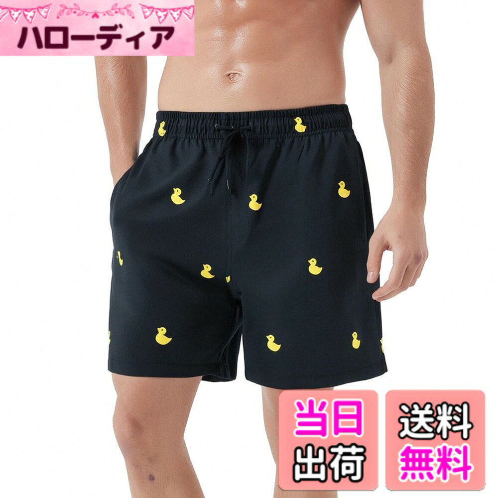 Trunks - 【送料無料】[SUNDAY ROSE] 水着 メンズ サーフパンツ 海水パンツ ボードショーツ スイムウェア 水陸両用 速乾 ビーチパンツ 男性用 プール 大きいサイズ 速乾 ショートパンツ 部屋着 夏 色：アヒル柄（黒）、サイズ：XL