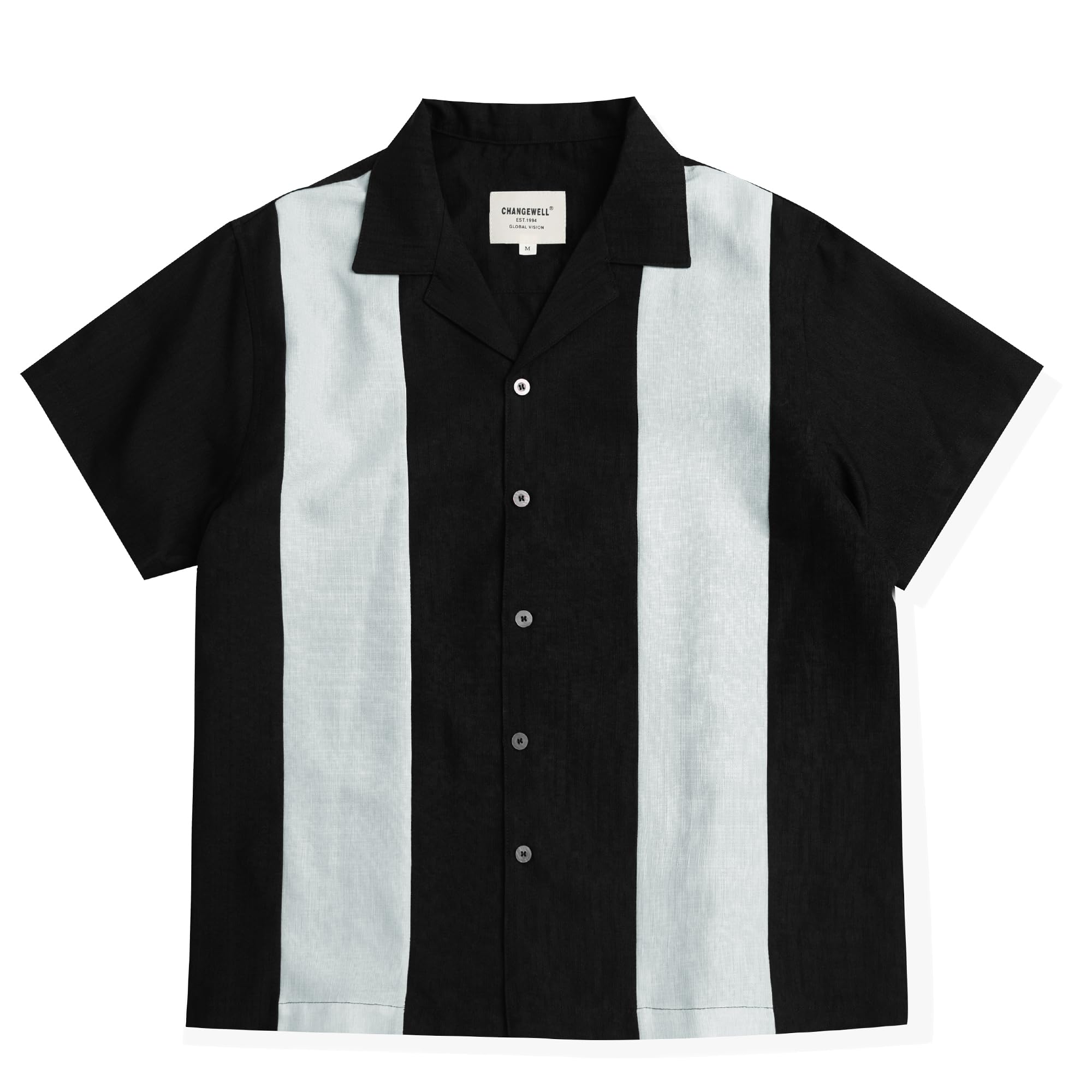 【送料無料】[CHANGE WELL] メンズ 2025SS ヴィンテージ風 ファッション 夏服 半袖 ボックスシルエット ボウリングシャツ オープンカラーシャツ 色：ブラック、サイズ：XL