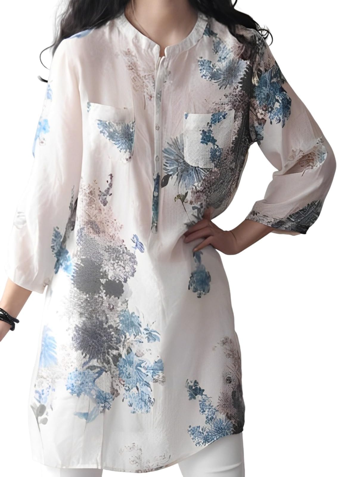 【送料無料】[aspersio] [アスペルシオ] きれいめ 花柄 7分袖 プルオーバー チュニック 大人可愛い お洒落 トップス レディース 色：フラワーブルー(薄手)、サイズ：S