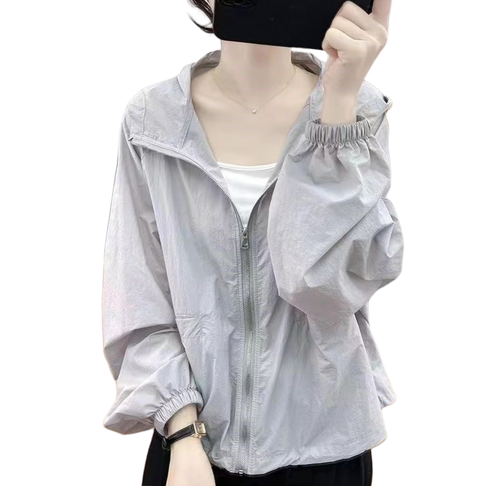 【送料無料】[xppe] レディース トップス UVカット パーカー ジッパー カーディガン 透け感 長袖 冷房対策 日焼け対策ウェア 快適 テクスチャ 夏服 体型カバー ゆったり 無地 大きいサイズ 薄くて軽い ファッション お出かけ デート 春夏 色：ホワイト、サイズ：L