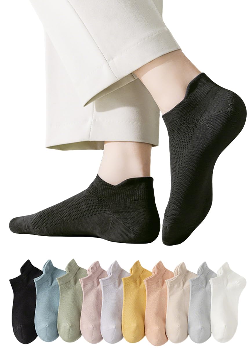 【送料無料】[Ekieta] 靴下 レディース 綿100％ クルーソックス メッシュ かかとガード 通気性 蒸れない くつした 薄手 吸汗速乾 滑り止め 消臭 無骨縫い 夏用 色：ブラック、サイズ：Free Size