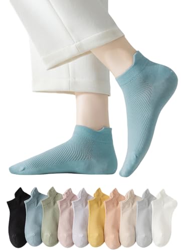 【送料無料】[Ekieta] 靴下 レディース 綿100％ クルーソックス メッシュ かかとガード 通気性 蒸れない くつした 薄手 吸汗速乾 滑り止め 消臭 無骨縫い 夏用 色：レイクブルー、サイズ：Free Size