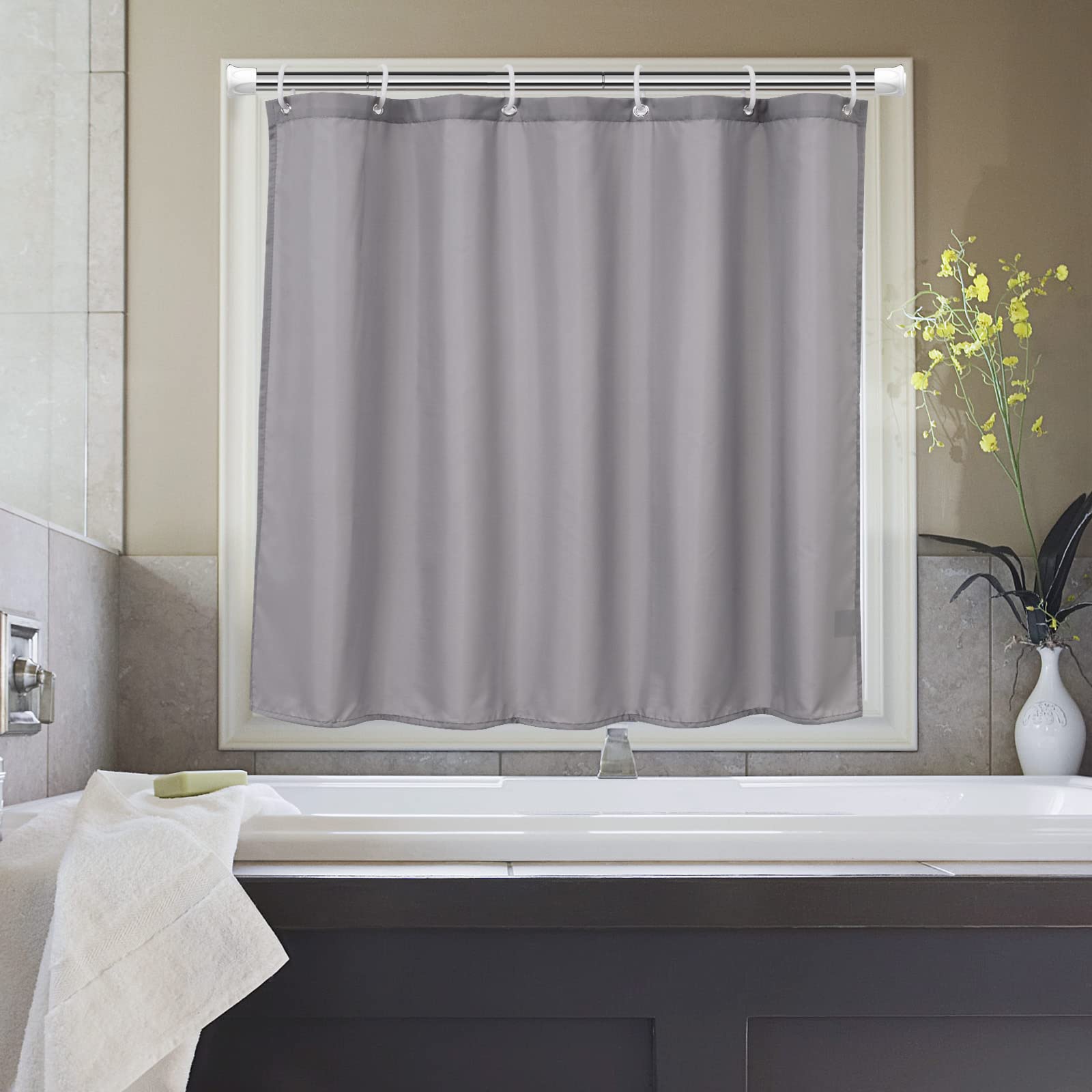 【送料無料】AooHome シャワーカーテン 小窓 目隠し 防水 短め 防カビ ユニットバス 浴室窓 お風呂窓 80cm丈 カフェカーテン 間仕切り 無地 リング付き 洗濯可 取付簡単 色：グレー、サイズ：140x70