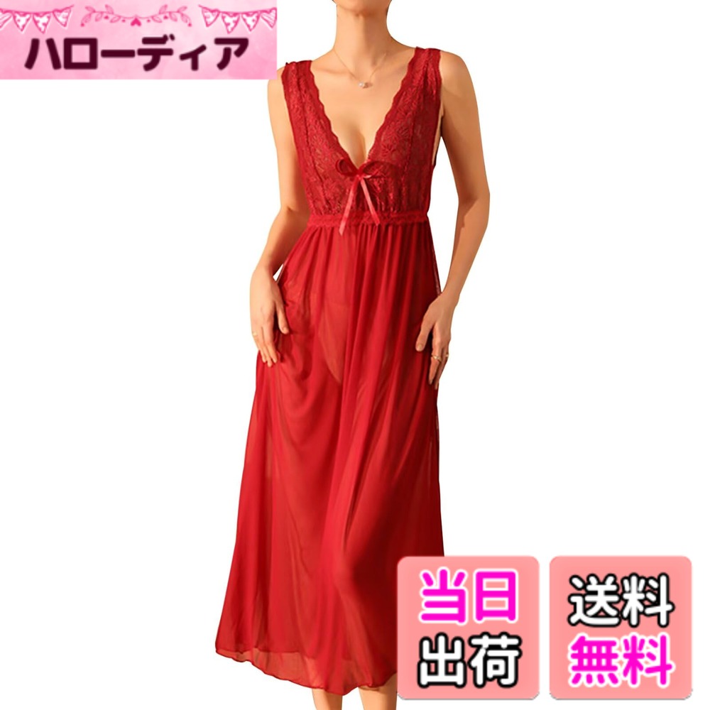 【送料無料】[HEWEAYTA] ネグリジェ セクシー キャミソール レース - スリップ 薄手 通気 ルームワンピース サテン 色：レッド/花柄レース、サイズ：S