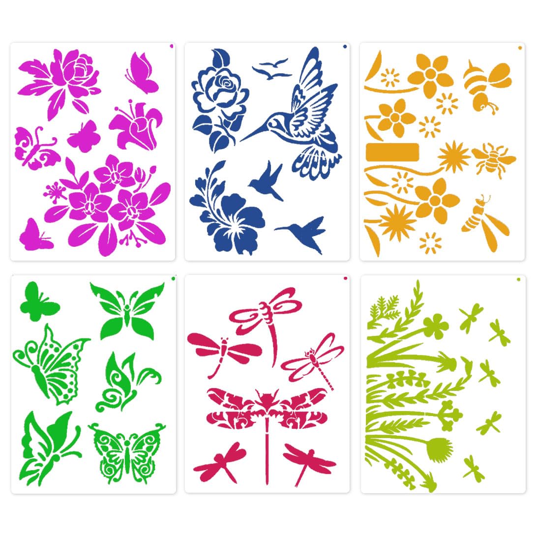 【送料無料】Koonafy テンプレート 16枚セット 猫形 動物 ステンシルシート パンダ 猫 かわいい プレート 絵画 文具 プレゼント DIY 手作り デザイン 製図 ステンシル 蝶々 月 釣り 爪痕 英語 製図用 面白い 色：花と昆虫、サイズ：28x21 cm