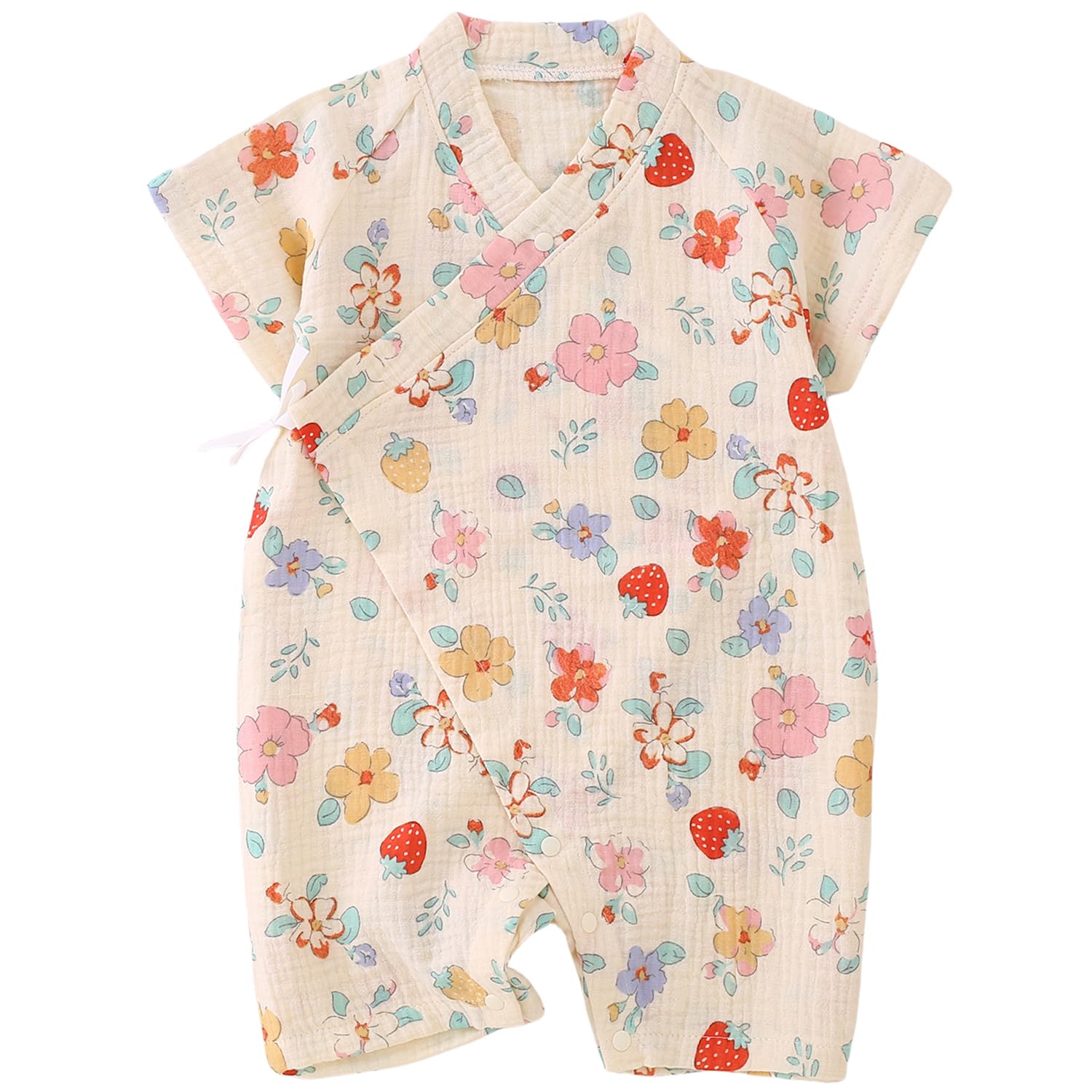 【送料無料】[KISBINI] ベビー服 ロンパース 赤ちゃん カバーオール ガーゼ綿100％ 短袖 女の子 夏服 通気 肌着 前開き 出産祝い 新生児ギフト 幼児 プレゼント 記念写真撮影 初節句 お食い初め 宮参り お盆祭り 可愛い 60 70 8 色：イチゴ柄、サイズ：60（海外表示59）