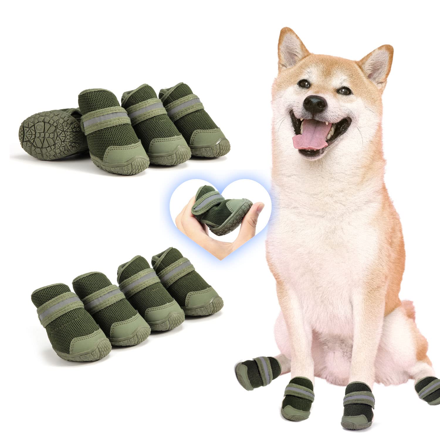 【送料無料】LIKOKLIN 犬靴 犬用メッシュシューズ ドッグブーツ ドッグくつ 小型犬 反射テープ付き 滑り止め 肉球保護 脱げにくい 散歩 通気性 犬用靴 犬くつ 犬のくつ 小型犬 中型犬 4個入り/ 2個入り 選べる4色 色：グリーン、サイズ：4#(4個入り)