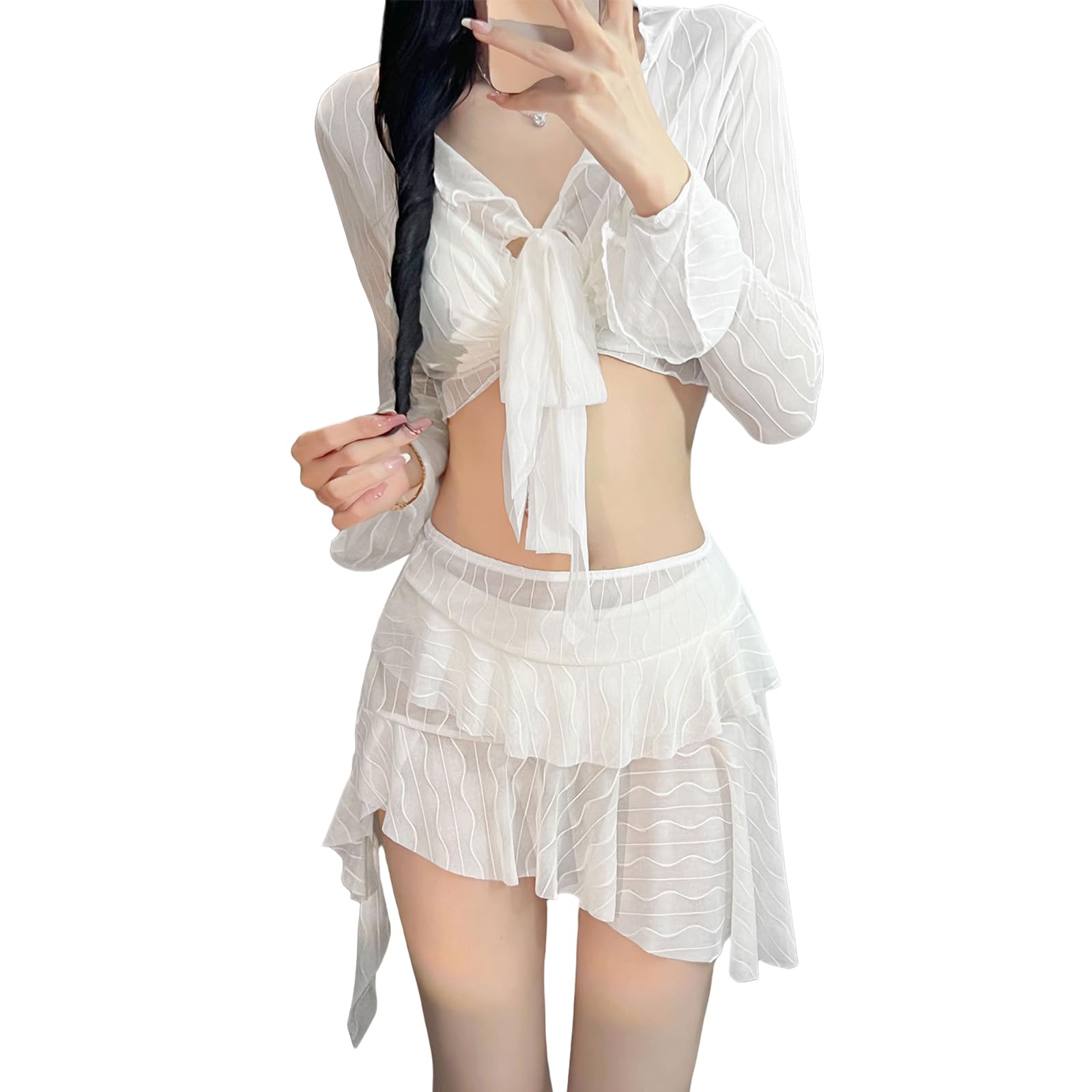 【送料無料】[MilaCorinna] 水着 レディース タンキニ 4点セット カバーアップ オーバー 長袖 ショートスカート セクシー おしゃれ 体型カバー 可愛い エレガント UVカット 伸縮性 無地 透け感 海 温泉 プール ビーチ 女性用 休暇 旅行 色：ホワイト、サイズ：XL