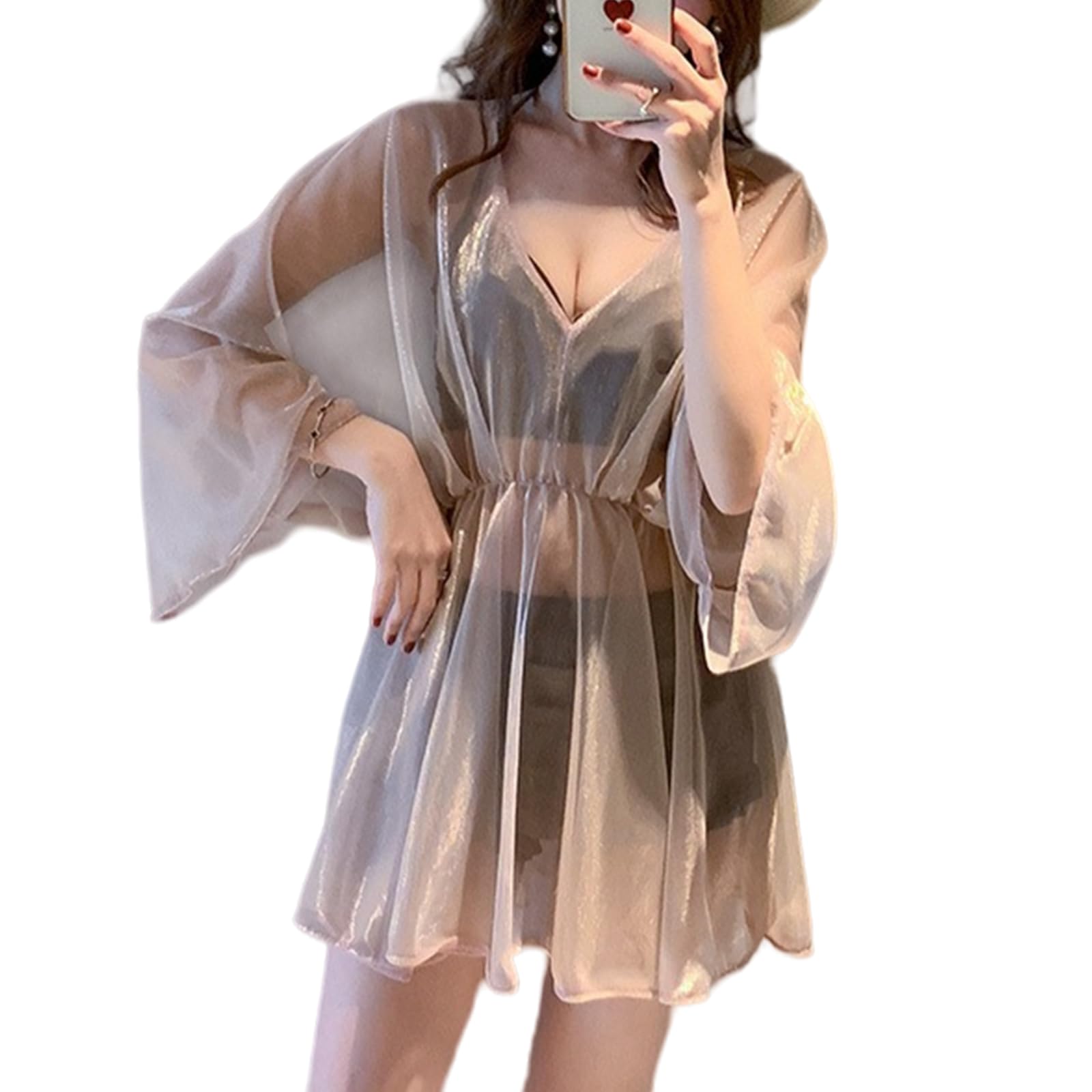 【送料無料】[MzcoYmm] 水着 レディース 体型カバー 3点セット パット付き ビキニ 透け感 トップス ハイウエスト ショーツ 可愛い 大きいサイズ 2WAY 水陸両用 温泉 旅行 海水浴 色：コーヒー、サイズ：M