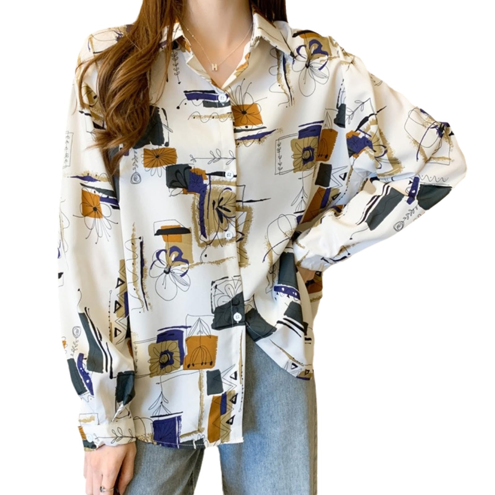 【送料無料】[Volen] 柄シャツ レディース 長袖 ブラウス 襟付き 花柄 トップス 体型カバー 着痩せ 着まわし力 ゆったり エレガント おしゃれ 色：アプリコット、サイズ：2XL