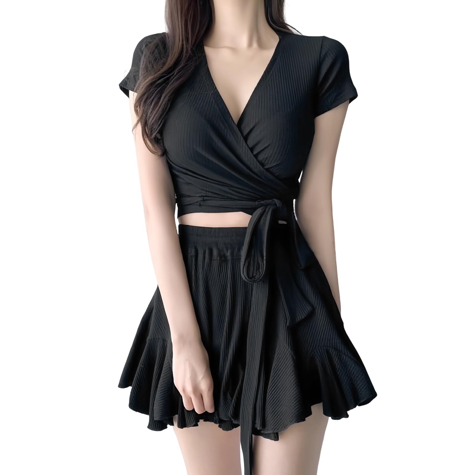 【送料無料】[GlamollaMisse] レディース 水着 タンキニ水着 セクシー ビキニ 体型カバー バスト 軽量 肩出し 無地 おしゃれ かわいい オー ルインワン パット付き フレア 海 旅行 プール ビーチ 着痩せ 水陸両用 色：ブラック、サイズ：XL