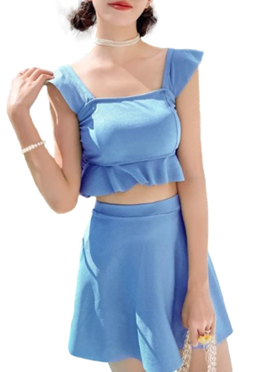 【送料無料】[andrei] アンドレイ ビキニ 2点 セット フリル フレア ビスチェ スカート パンツ 付き 水着 タンキニ 無地 チェック レディース 色：ブルー、サイズ：XL