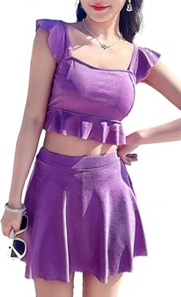 【送料無料】[andrei] アンドレイ ビキニ 2点 セット フリル フレア ビスチェ スカート パンツ 付き 水着 タンキニ 無地 チェック レディース 色：パープル、サイズ：XL