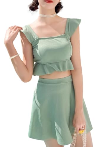 【送料無料】[andrei] アンドレイ ビキニ 2点 セット フリル フレア ビスチェ スカート パンツ 付き 水着 タンキニ 無地 チェック レディース 色：グリーン、サイズ：XL