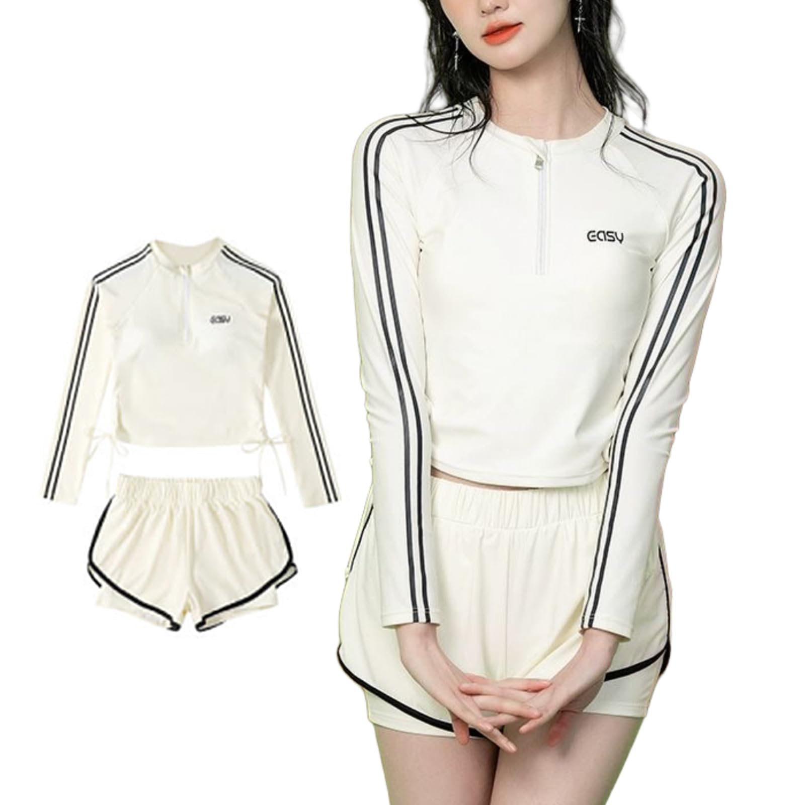 【送料無料】[Narebuy] 水着 レディース ビキニ スカート付き スリング 2個セット水着 長袖 パット付き 無地 ファッション バックレス ハイウエスト セクシー リボン 泳ぐ 休み ビーチ 海水浴 旅行 快適 温泉 色：ベージュ、サイズ：XL