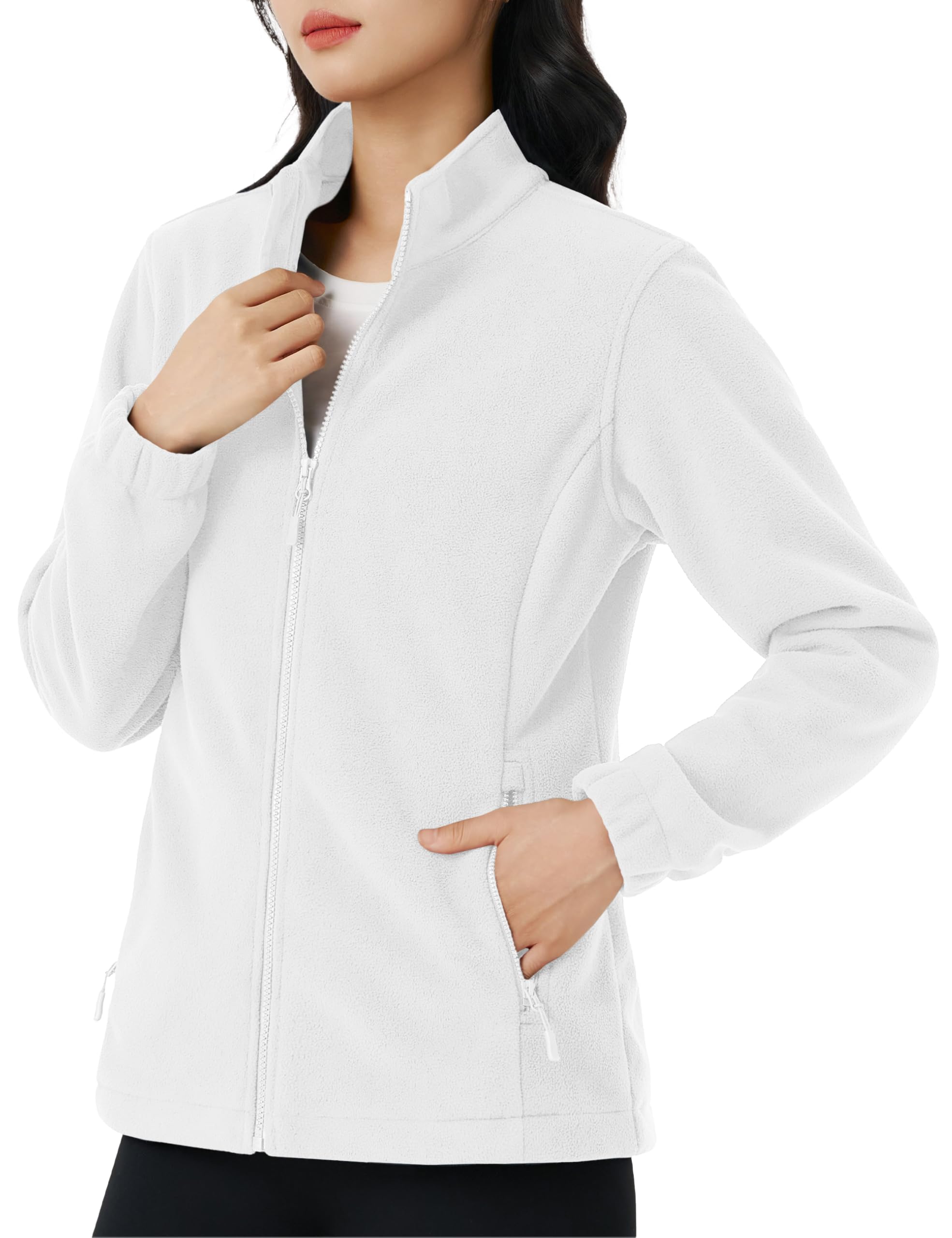 【送料無料】[KEFITEVD] フリースジャケット レディース 薄手 防寒着 帯電防止 秋冬 登山 ジャケット ライト アウター 立ち襟 無地 ジップアップ ブルゾン アウトドア スキーウェア インナー 色：ホワイト、サイズ：M
