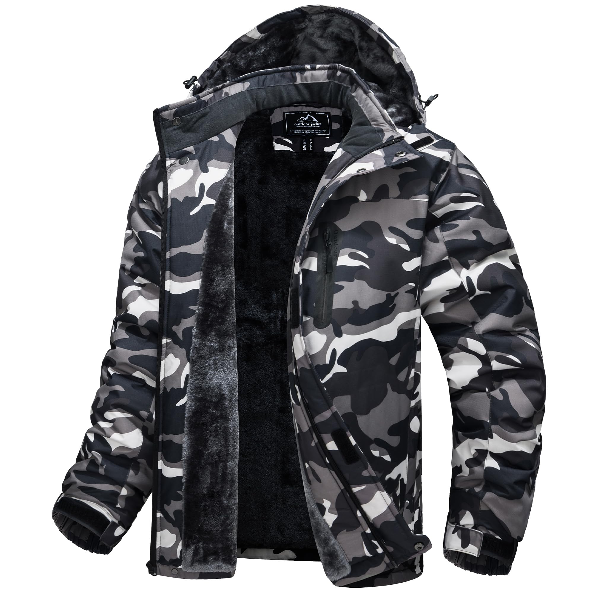 【送料無料】[KEFITEVD] マウンテンパーカー メンズ 冬 防風 防寒 裏ボアジャケット 防撥水 ウィンドブレーカー アウトドア キャンプ 釣り スキーウェア フード取り外し可能 色：ブラックカモフラージュ、サイズ：XL