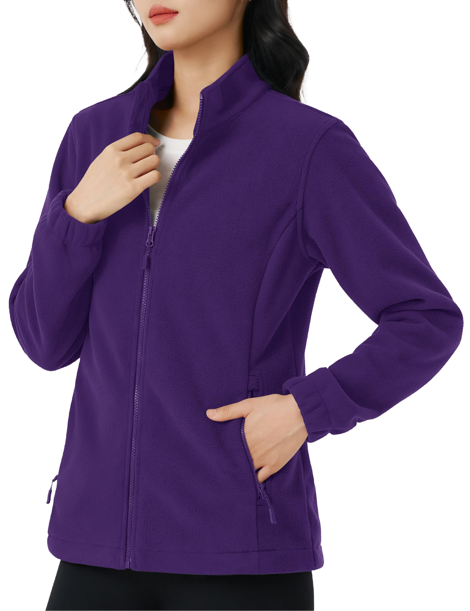 【送料無料】[KEFITEVD] フリースジャケット レディース 薄手 防寒着 帯電防止 秋冬 登山 ジャケット ライト アウター 立ち襟 無地 ジップアップ ブルゾン アウトドア スキーウェア インナー 色：ダークパープル、サイズ：L