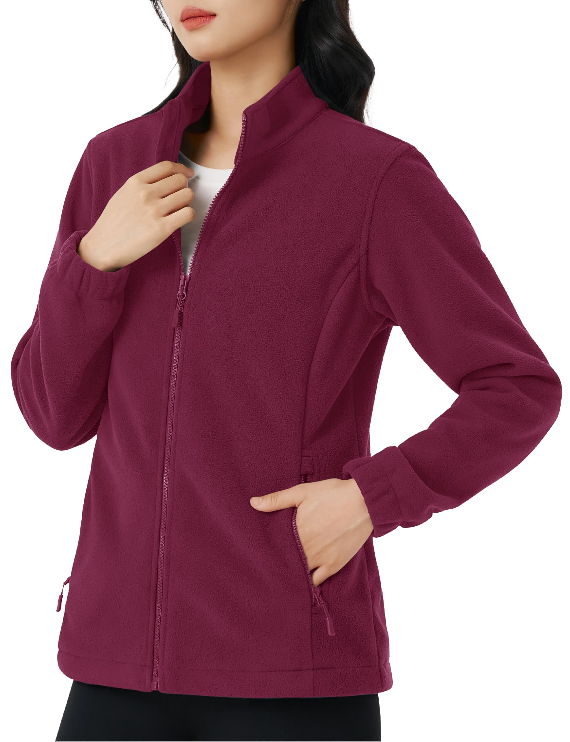 【送料無料】[KEFITEVD] フリースジャケット レディース 薄手 防寒着 帯電防止 秋冬 登山 ジャケット ライト アウター 立ち襟 無地 ジップアップ ブルゾン アウトドア スキーウェア インナー 色：ワインレッド、サイズ：L