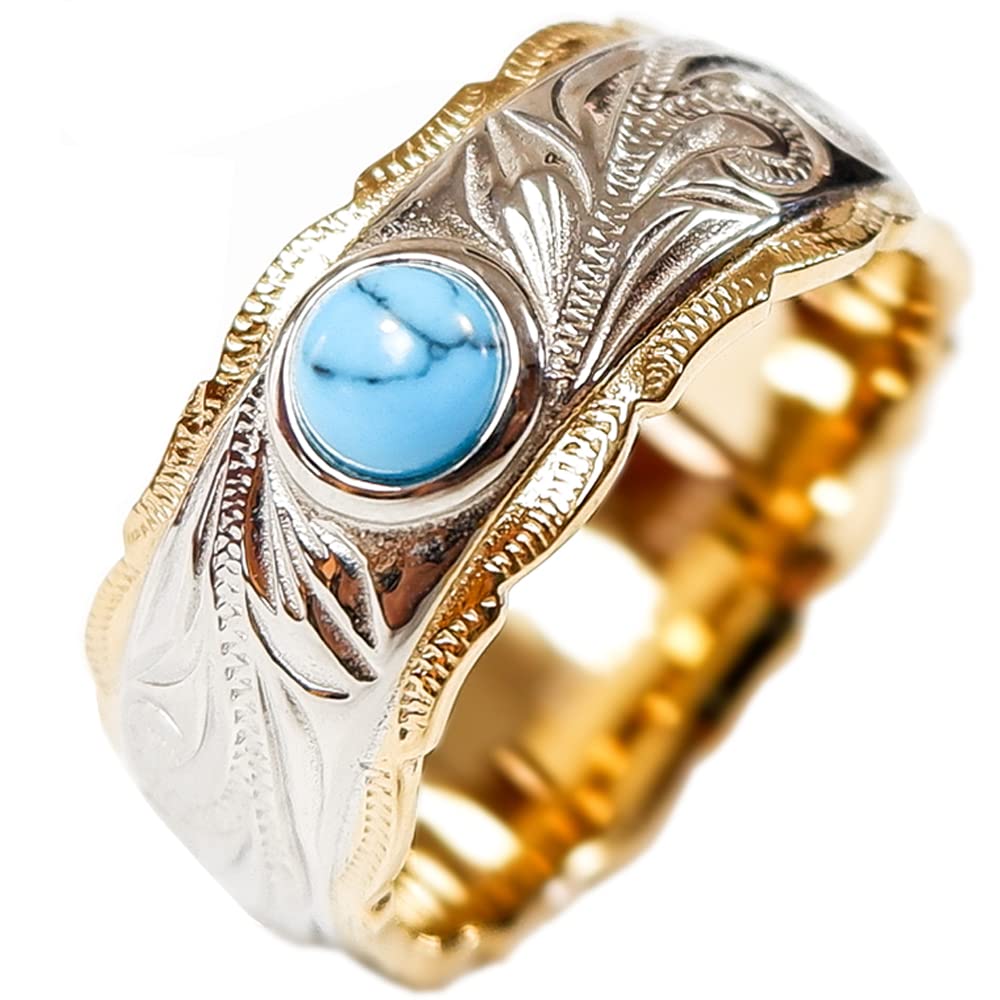 商品情報商品の説明主な仕様 使用貴金属：ステンレススチール316L/K14イエローゴールドコーティング石：ターコイズ太さ：8.0mm 厚み：1.8mmbrリングサイズ：9号.11号.13号.15号.17号.19号.21号付属品：ジュエリーバック